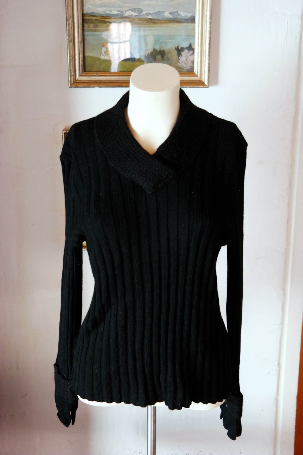 Carlo Colucci Pullover Wolle Wollpullover schwarz Trompetenärmel Strickpullover L 40