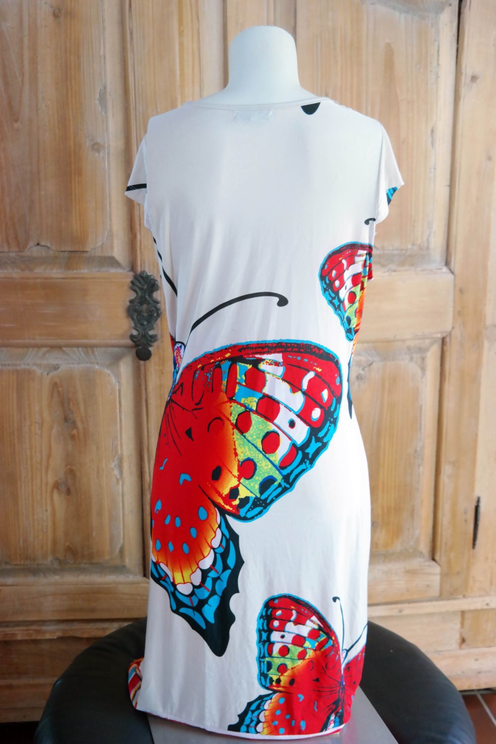 Schmetterling Kleid V-Ausschnitt creme bunt L 40 M 38 Sommerkleid