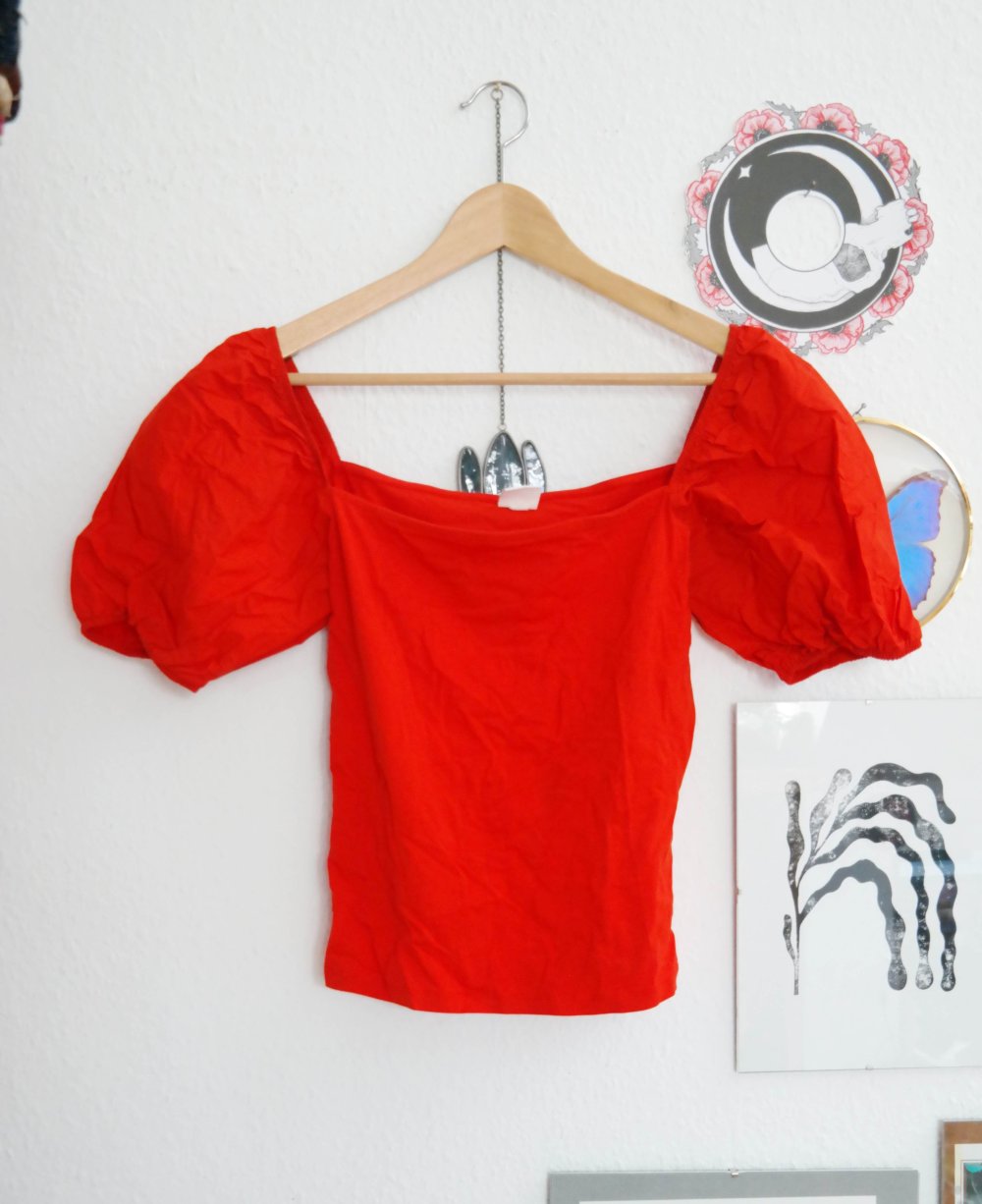 H&M Top Shirt Puffärmel Carmen Stretchig rot M 38