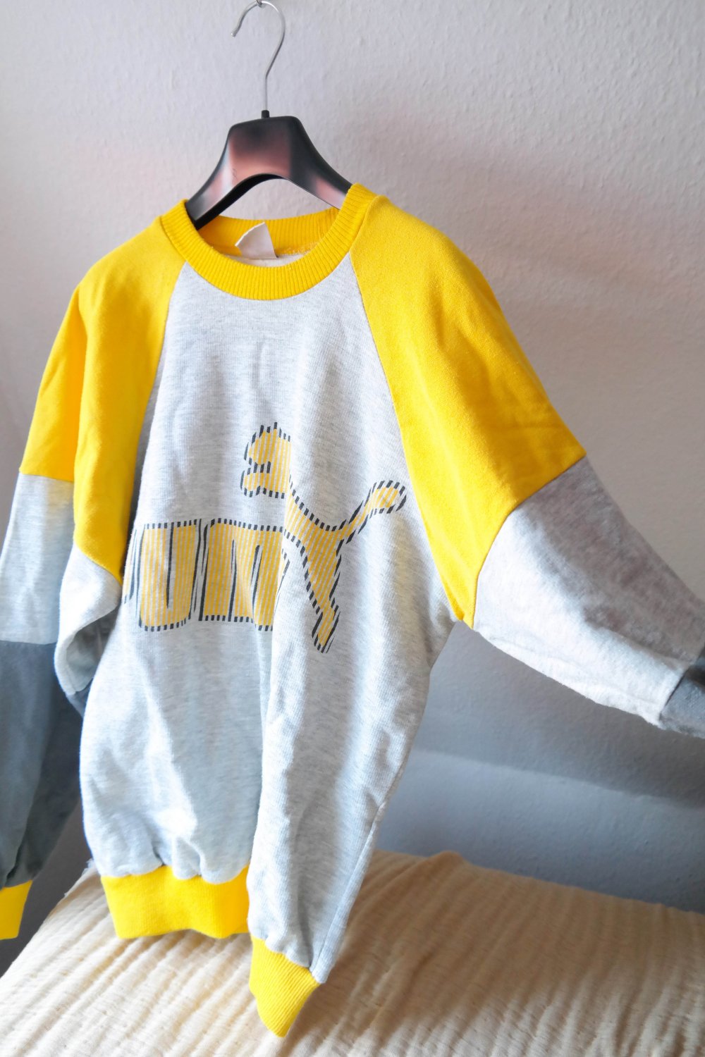 Vintage Puma Sweater Sweatshirt grau bunt 80er 80ies 90er Retro Sport Oldschool M L