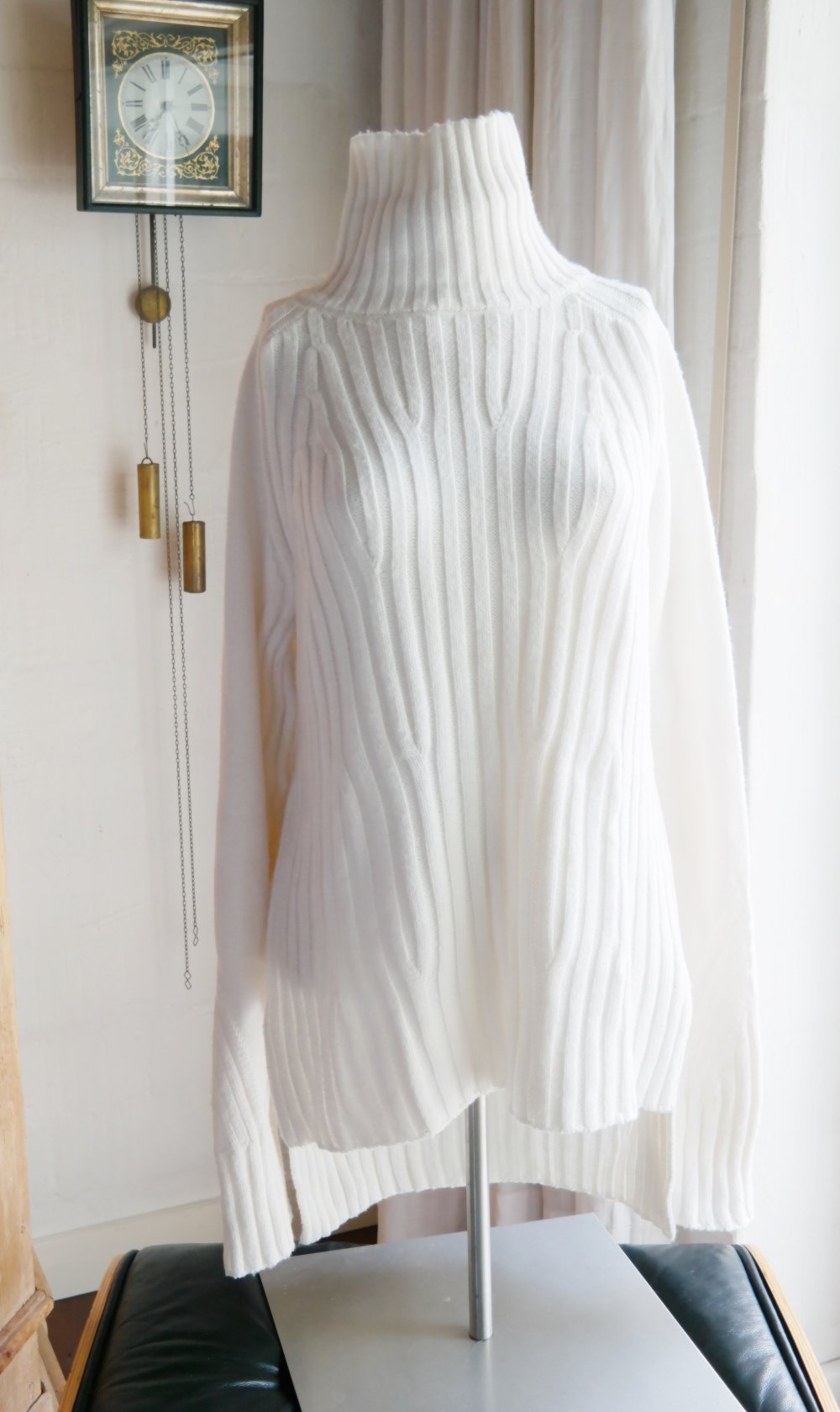 Longpullover weiß Strickpullover Muster Strickkleid Minikeid Rollkragen M 38 L 40