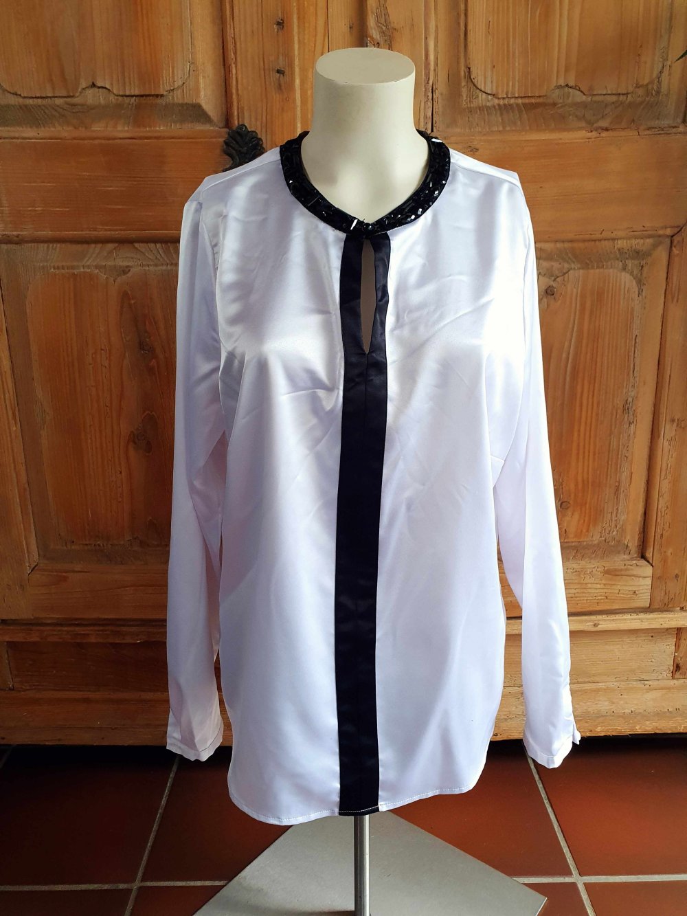 Creation L Bluse weiß schwarz Zierstreifen Ziersteine Edel schick 42 XL