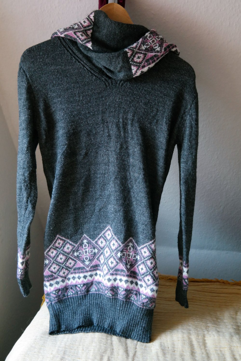 Pullover Strickpullover Wolle Kragen Schal Schalkragen Wollpullover Unikat M 38 grau bunt