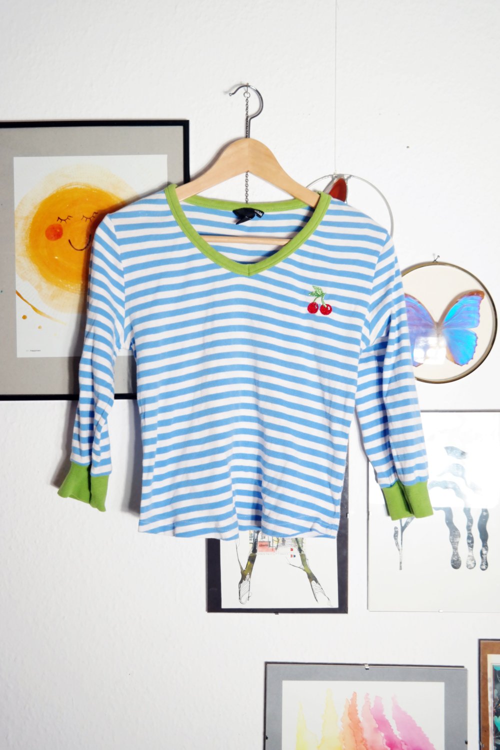 H&M Shirt Streifen gestreift blau weiß Kirsche Rockabilly Rockabella M 38 maritim