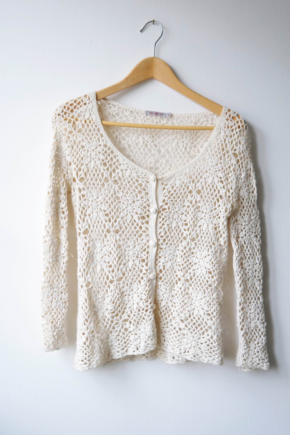 Fuga Hippie Pullover Weste Cardigan gehäkelt Blumen 70er weiß Elfe Fee Häkelweste