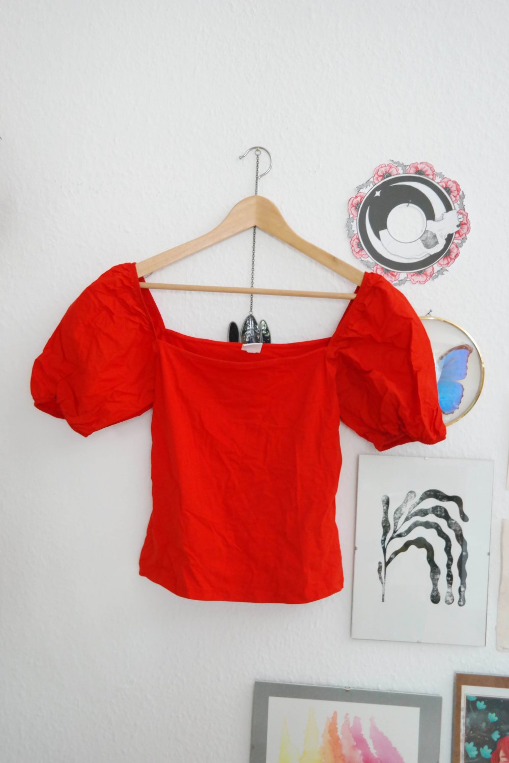 H&M Top Shirt Puffärmel Carmen Stretchig rot M 38