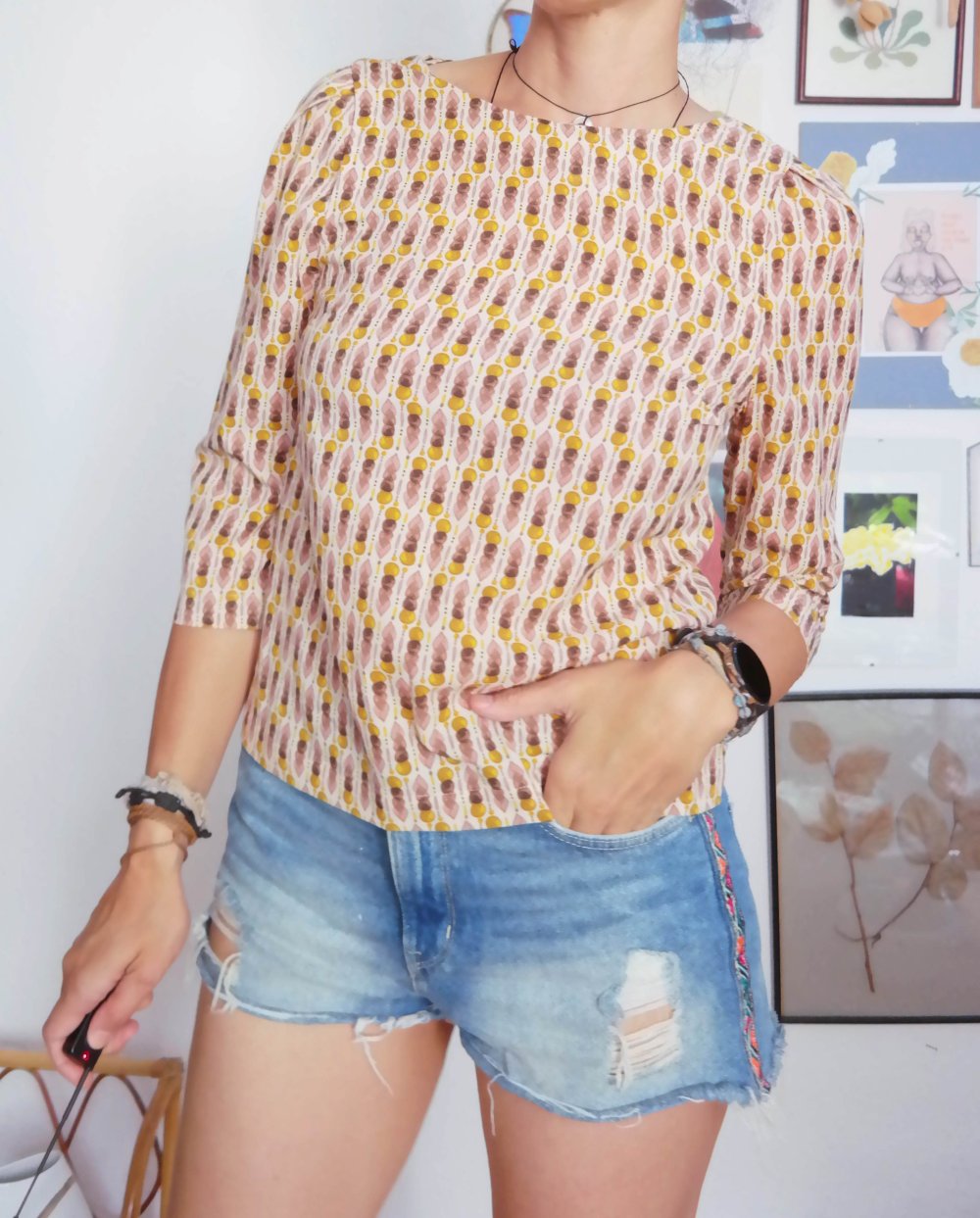 Handmade Bluse Hippie Ethno M 38 bunt 70er seidig Muster gemustert