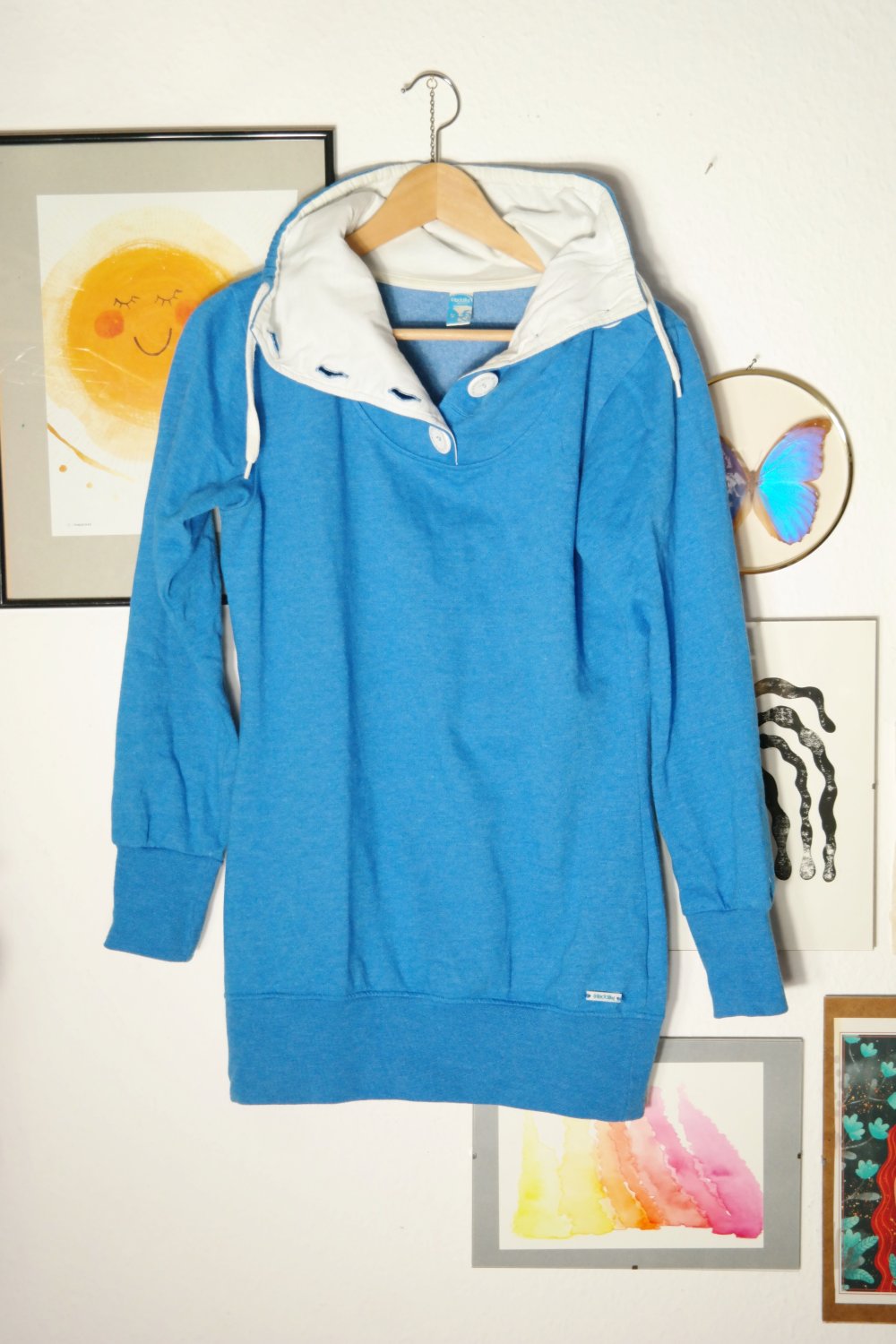 Iriedaily Pullover Kragen Knöpfe blau weiß Longpullover M 38