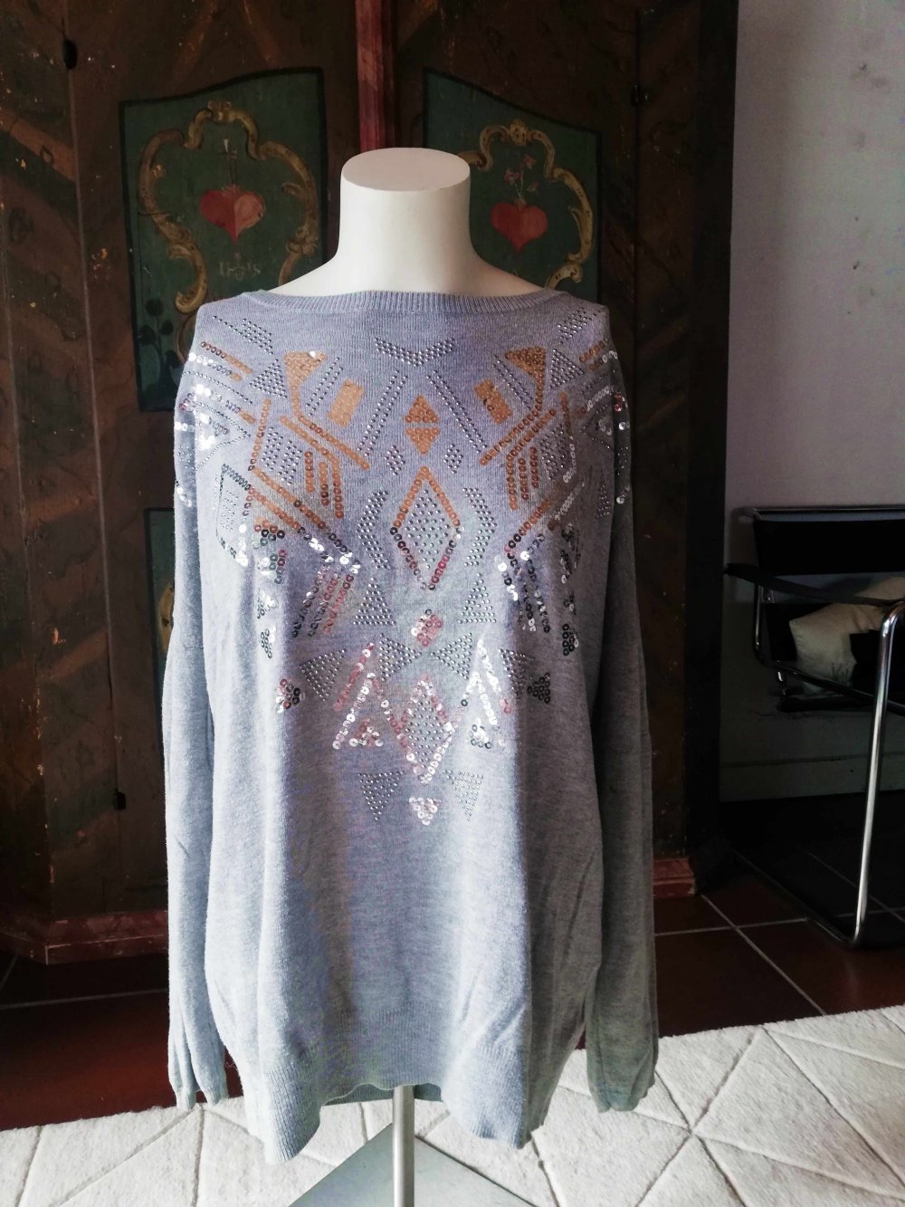 Yessica Pullover grau elegant Pailletten Muster weich L XL 40 42