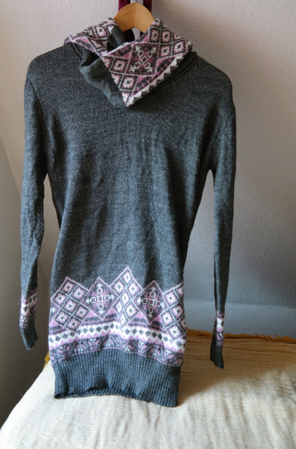 Pullover Strickpullover Wolle Kragen Schal Schalkragen Wollpullover Unikat M 38 grau bunt