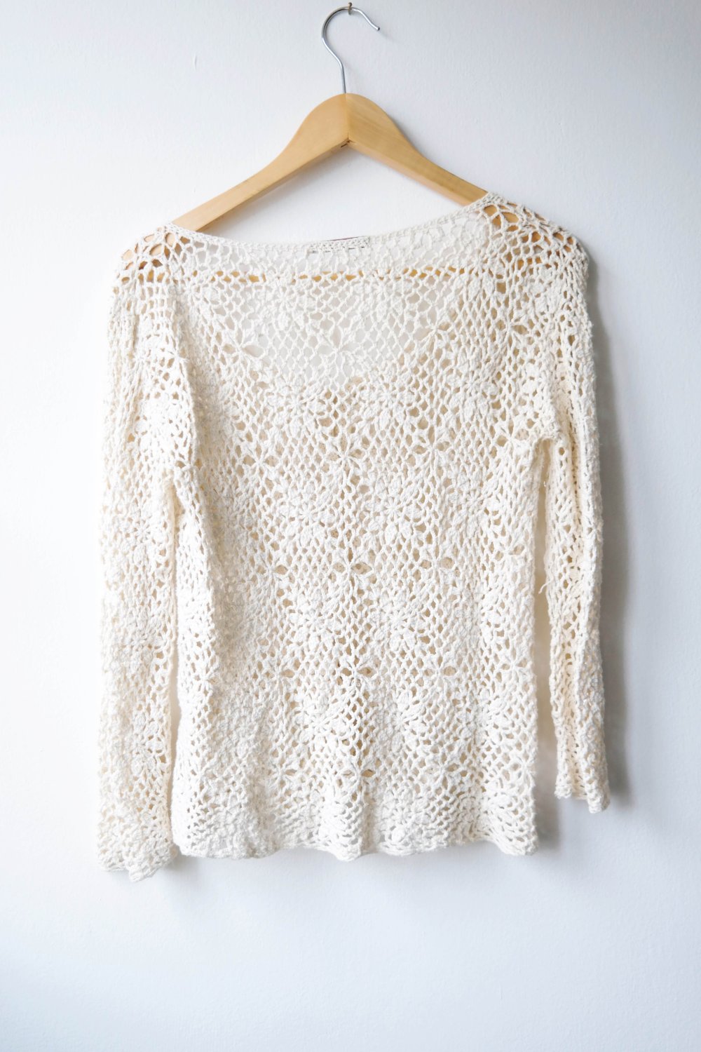 Fuga Hippie Pullover Weste Cardigan gehäkelt Blumen 70er weiß Elfe Fee Häkelweste