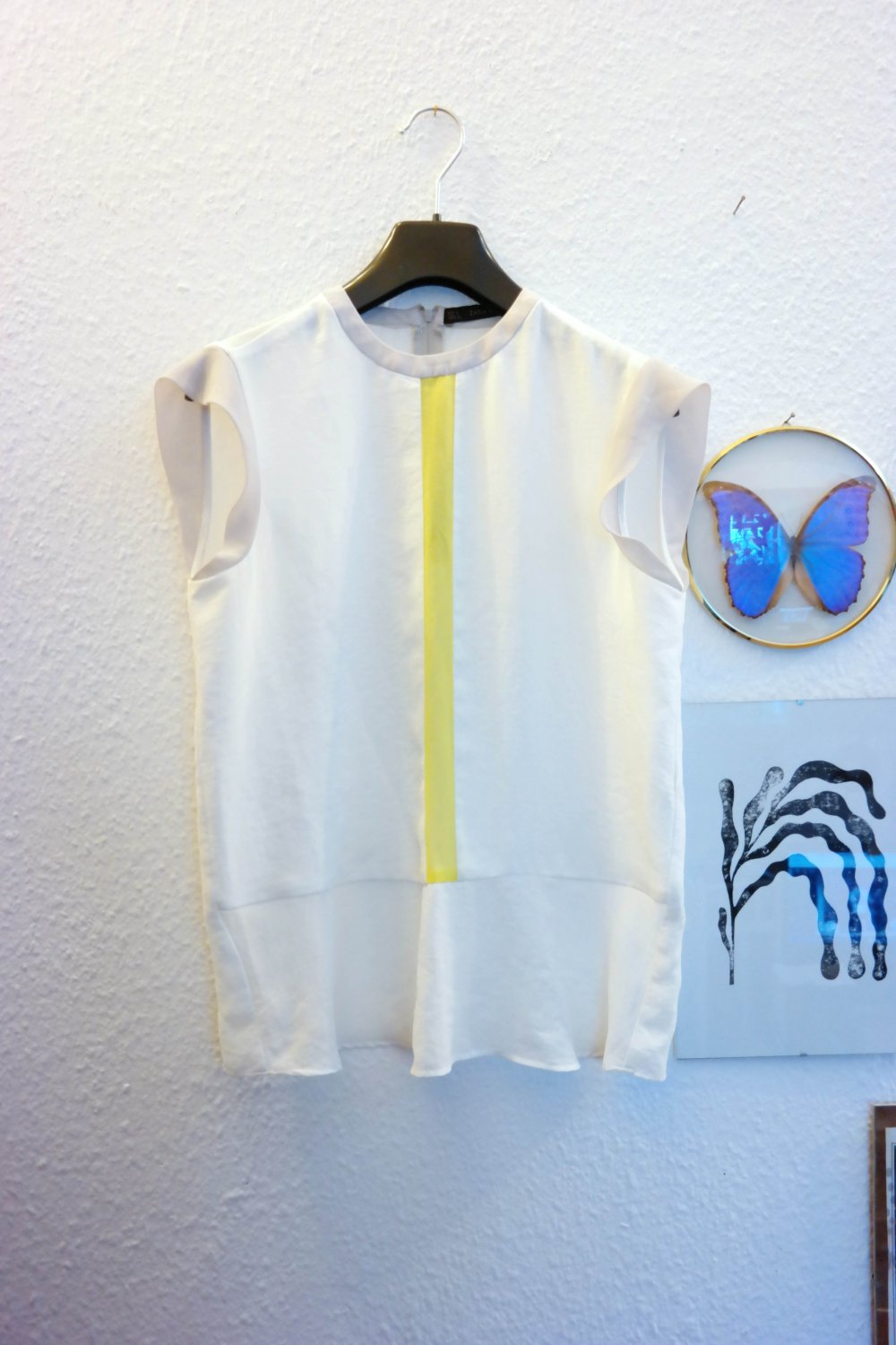 Zara Basic Tunika Bluse Flügelärmel weiß gelb beige Streifen S 36 M 38