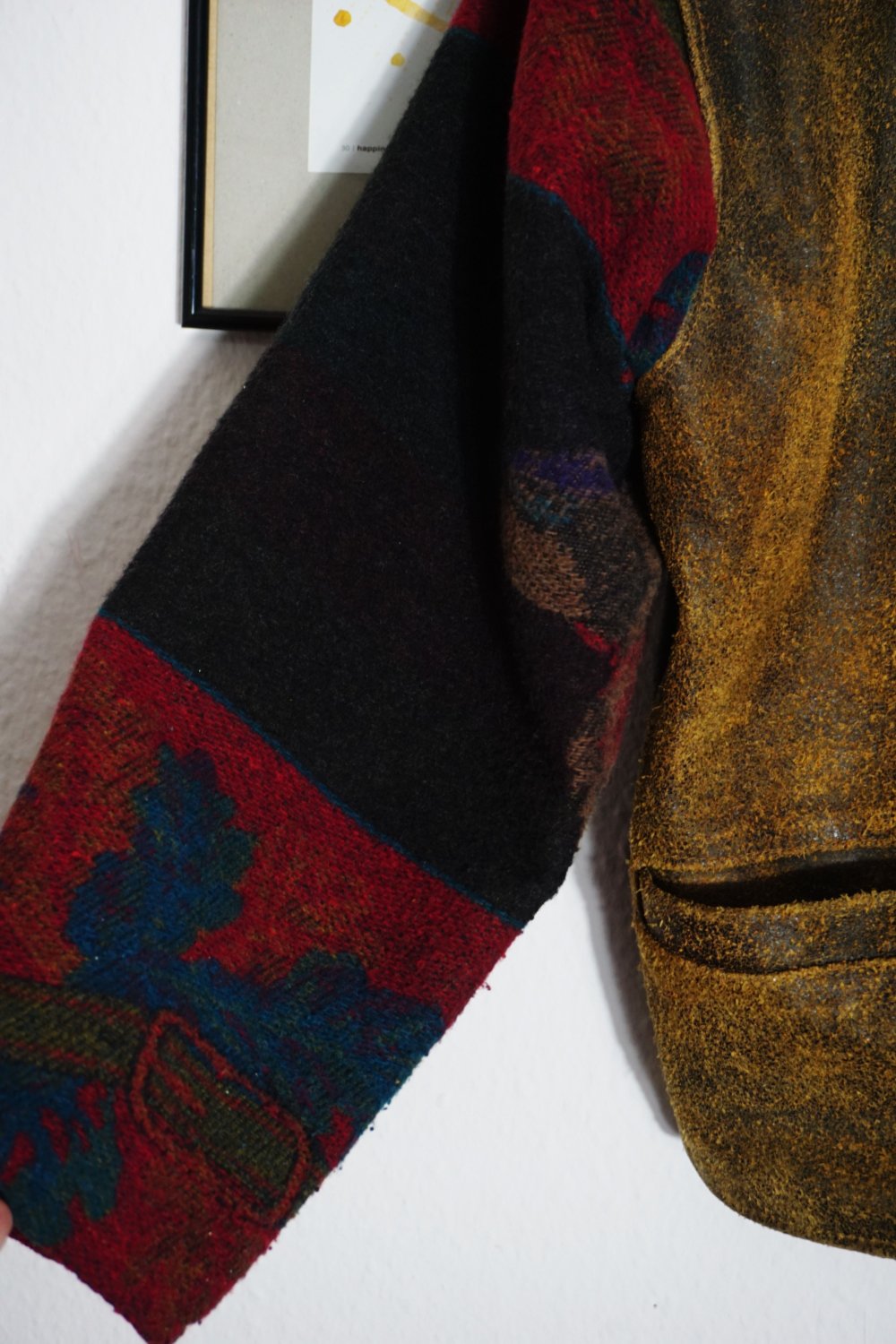 Vintage Ethno Lederjacke Navajo bunt Webstoff Aztec Sherpa L XL Wollstoff Muster