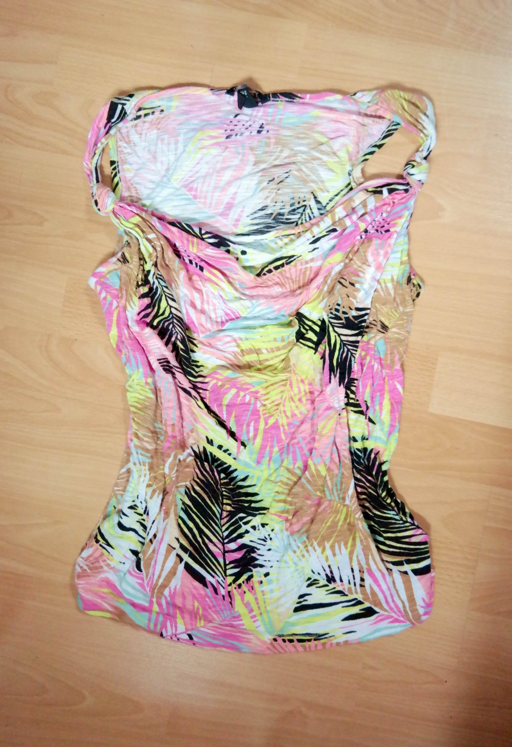 Vintage 90er 00er variables Top Tanktop U-Boot Ausschnitt bunt Wasserfall Palmen exotic Kitsch S M 36 38