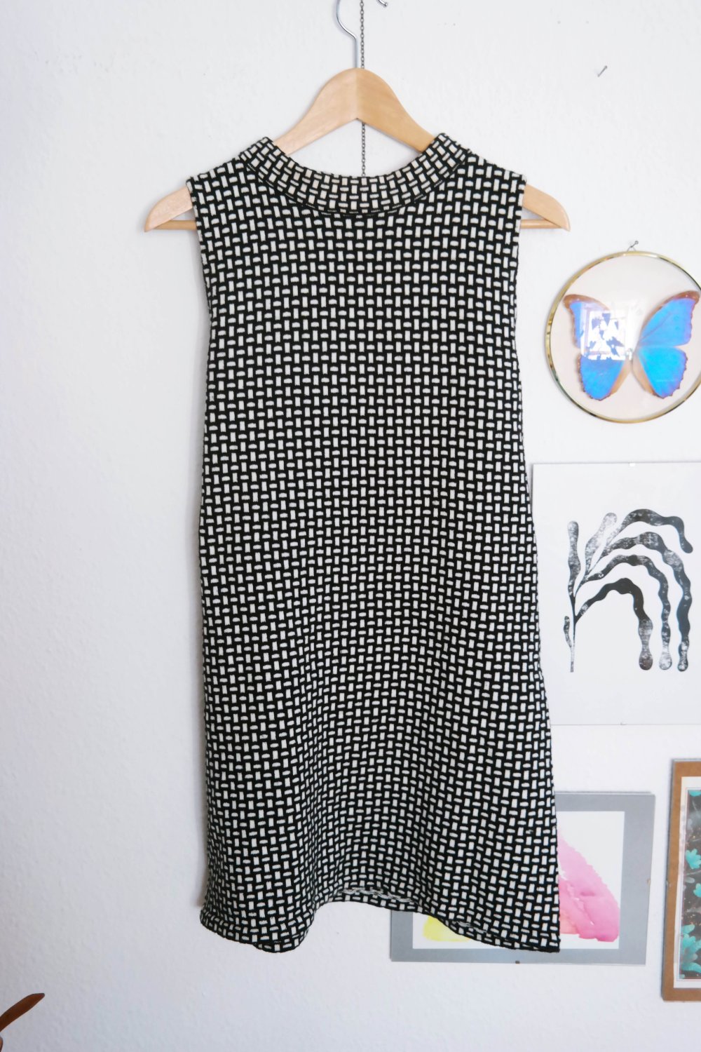 Zara Strickkleid Knit L 40 schwarz Weis Muster Karo kariert Turtleneck Wolle 60er Twiggy