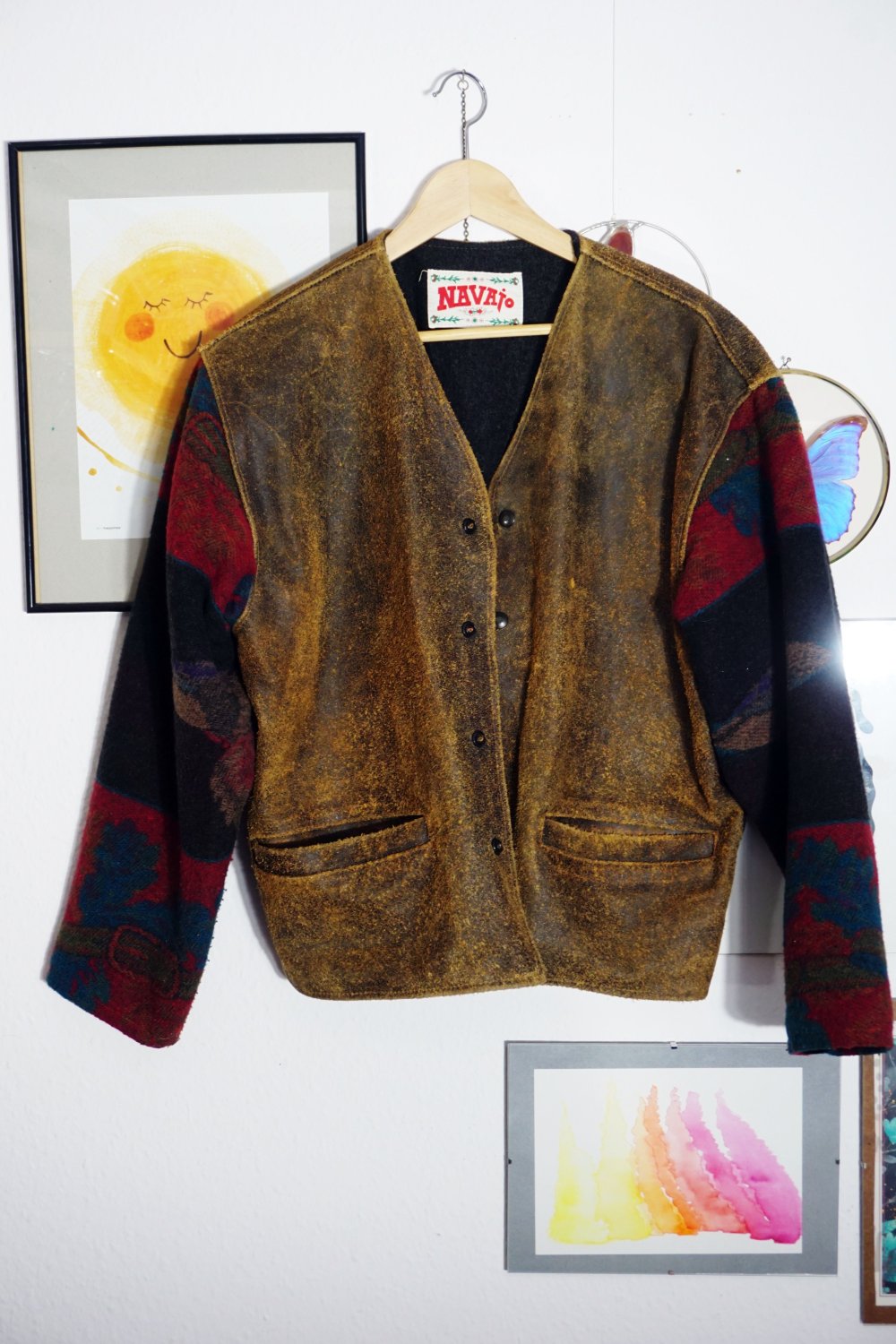 Vintage Ethno Lederjacke Navajo bunt Webstoff Aztec Sherpa L XL Wollstoff Muster