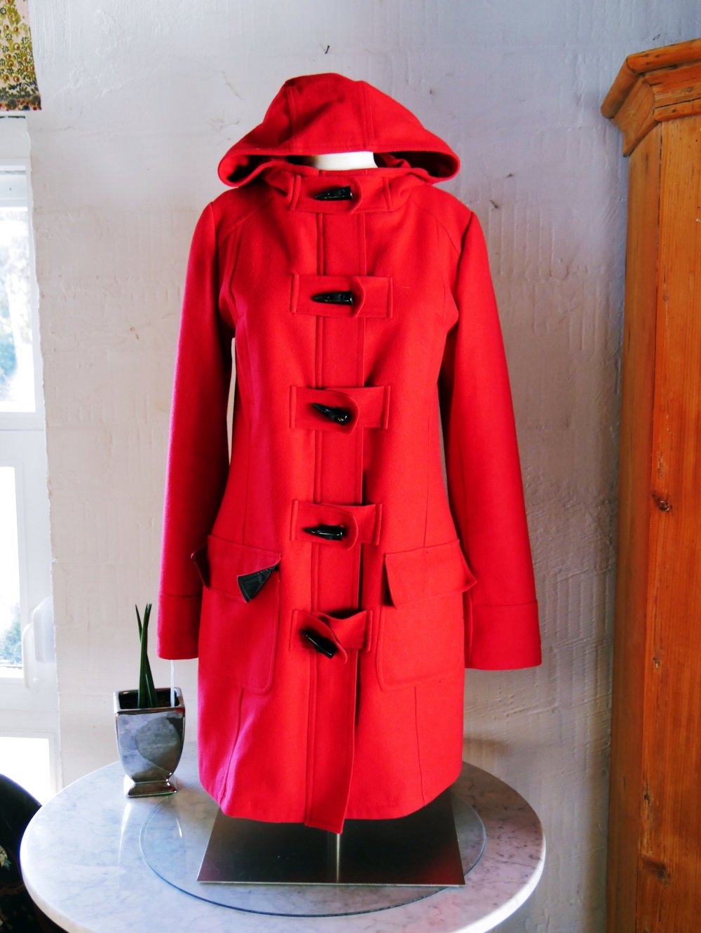 Review Wollmantel Dufflecoat Mantel Kapuze rot Wolle S 36 M 38