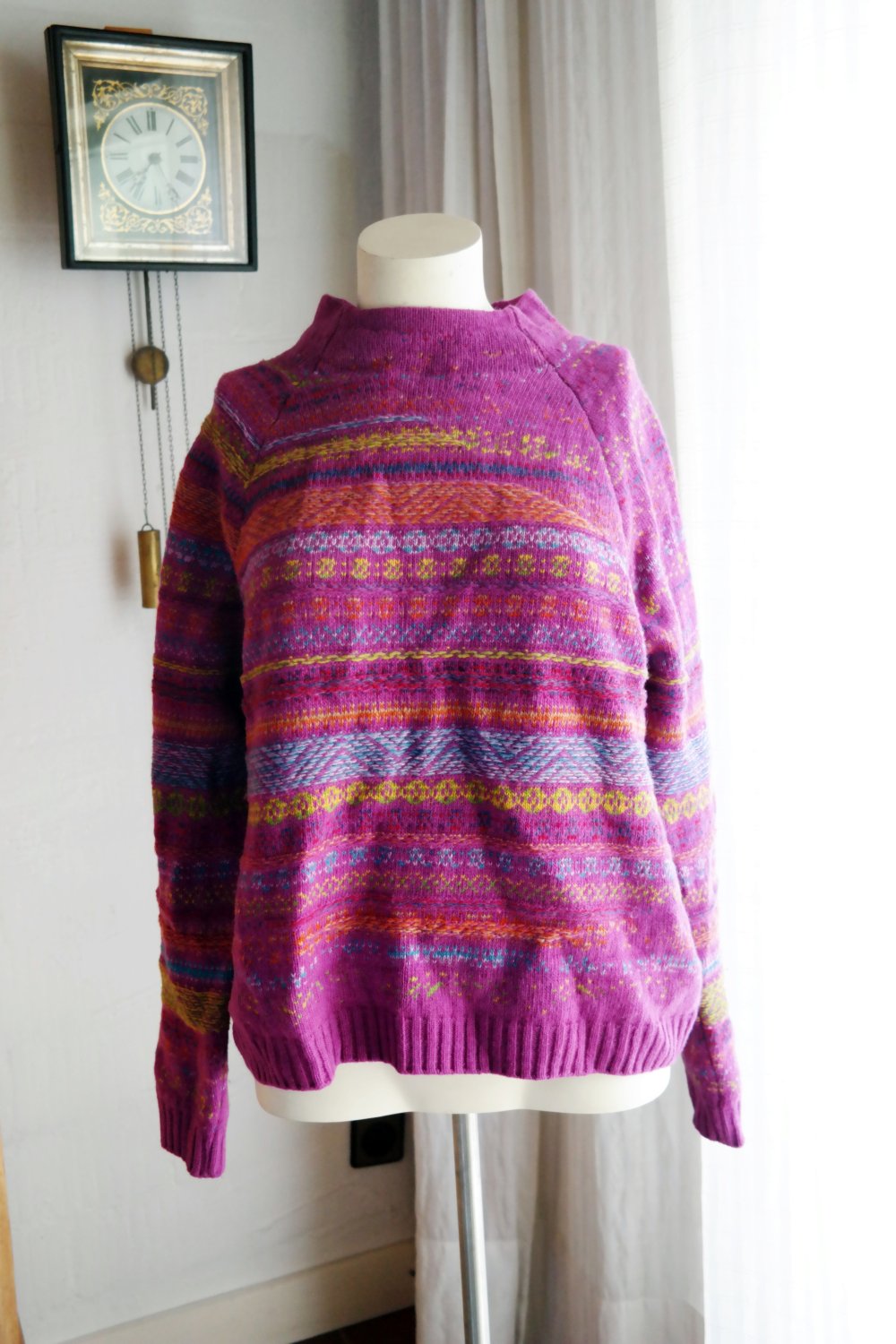 Benetton Wollpullover bunt Muster gemustert Strickpullover Wolle XS S 34 36 lila