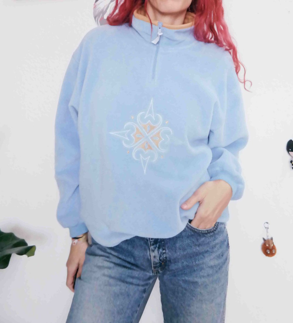 Vintage Fleecepullover Pullover Sweater Sweatshirt Tribal Mandala hellblau weich kuschelig Stickerei bestickt XL 42 