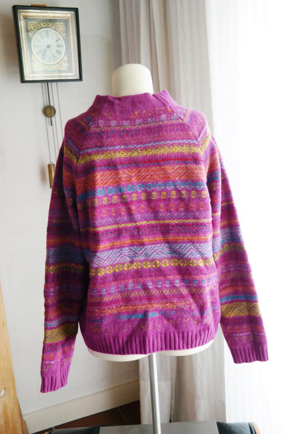 Benetton Wollpullover bunt Muster gemustert Strickpullover Wolle XS S 34 36 lila