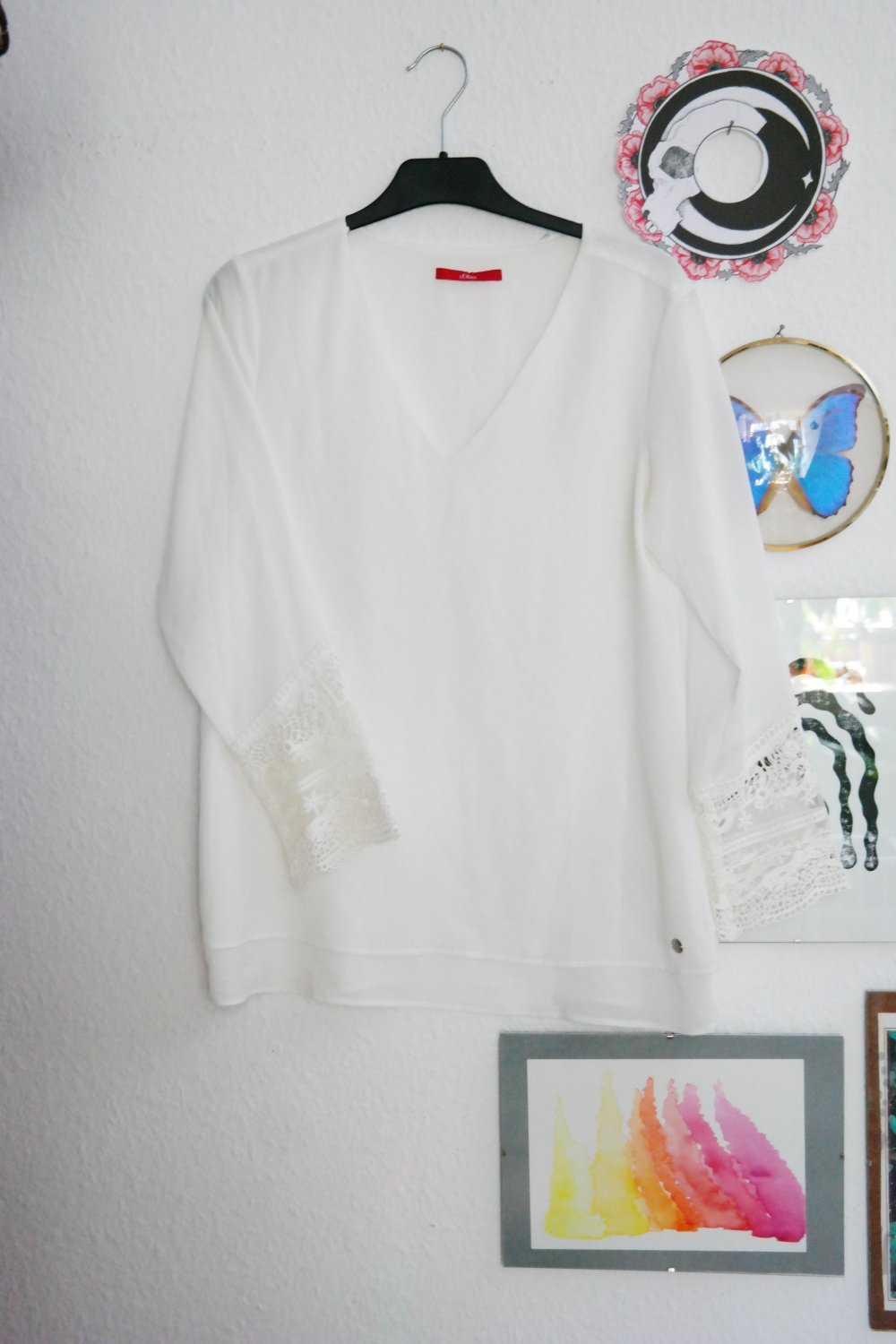 S.Oliver Bluse Langarm Spitze schick edel Büro weiß creme V-Ausschitt XS oversized S M