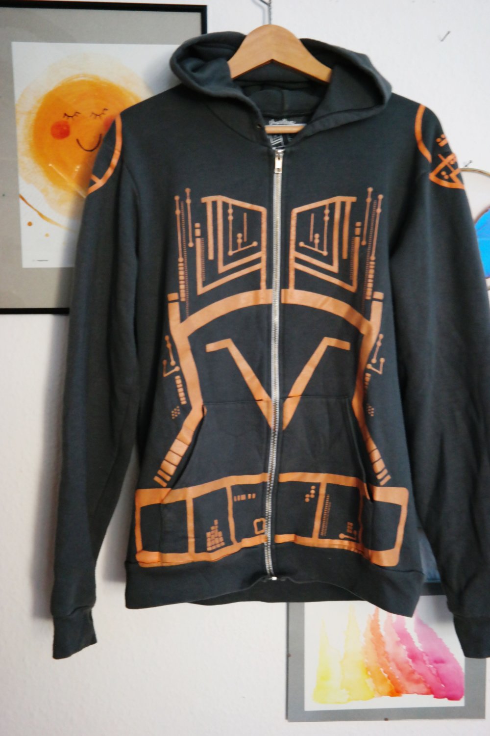 Threadless Techno Hoodie hoody Kapuzenpullover grau Elektro Rave Fluoreszierend L