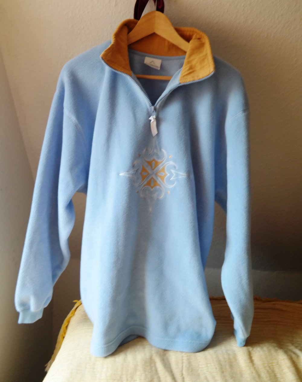 Vintage Fleecepullover Pullover Sweater Sweatshirt Tribal Mandala hellblau weich kuschelig Stickerei bestickt XL 42