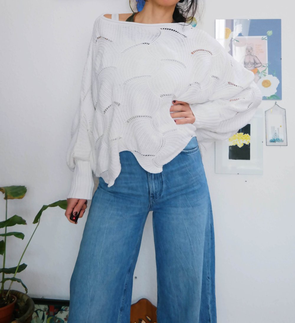 Oversized Pullover Strickpullover weiß Muster Lochmuster unisize M L XL 