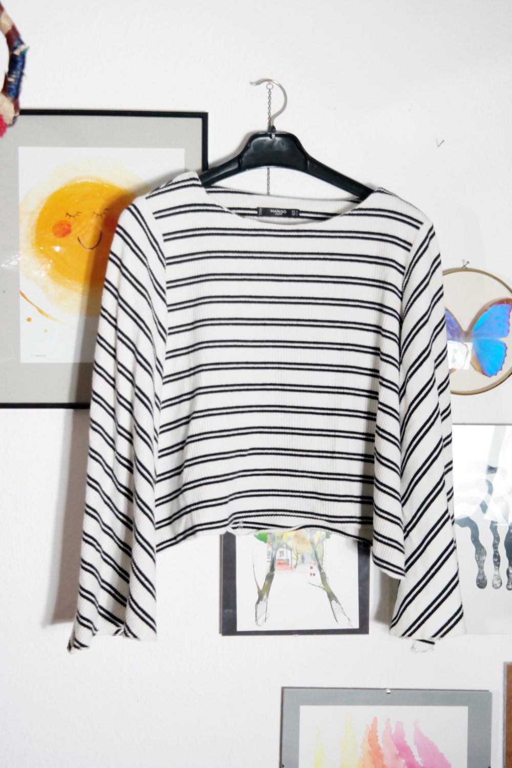 Mango Langarmshirt Pullover Schlagärmel Flügelärmel Hippie Streifen gestreift M 38 schwarz weiß