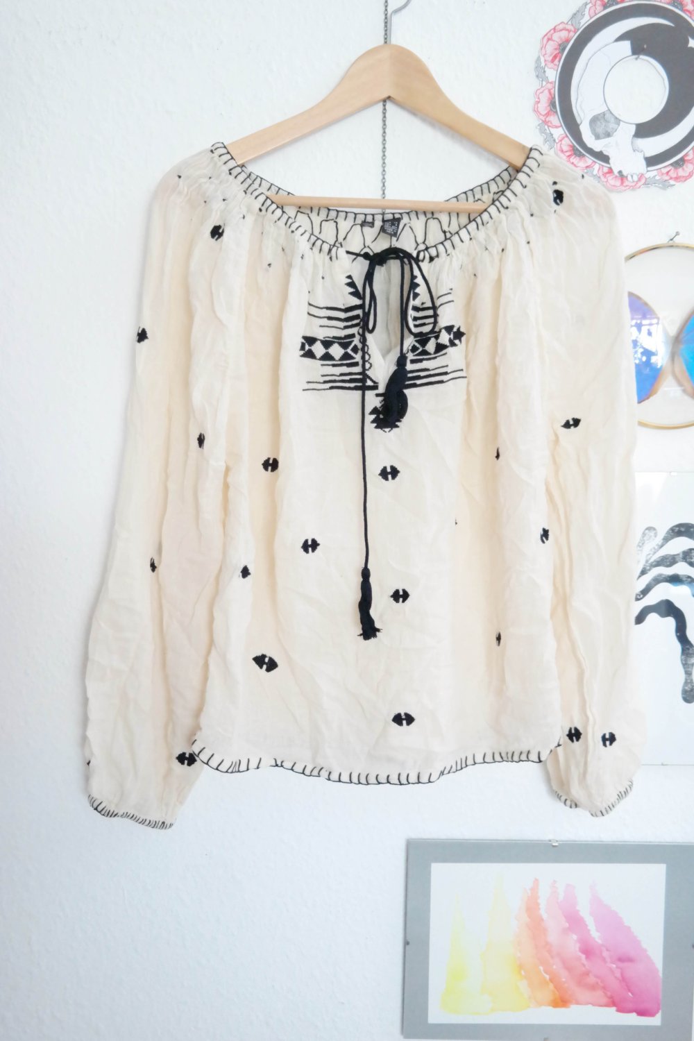 Hippie Bluse bestickt Stickerei creme schwarz Ethno Folklore Langarm XS S M 36 38 40