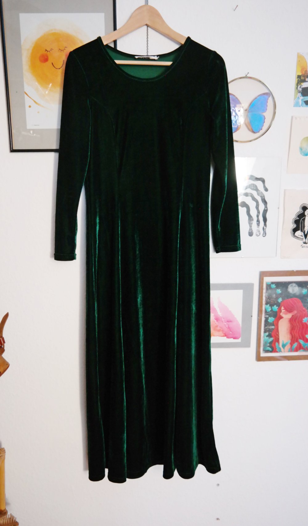 Samtkleid dunkelgrün schimmernd weich Maxikleid Langarm M / 38 grün Hippie Elfe wald 