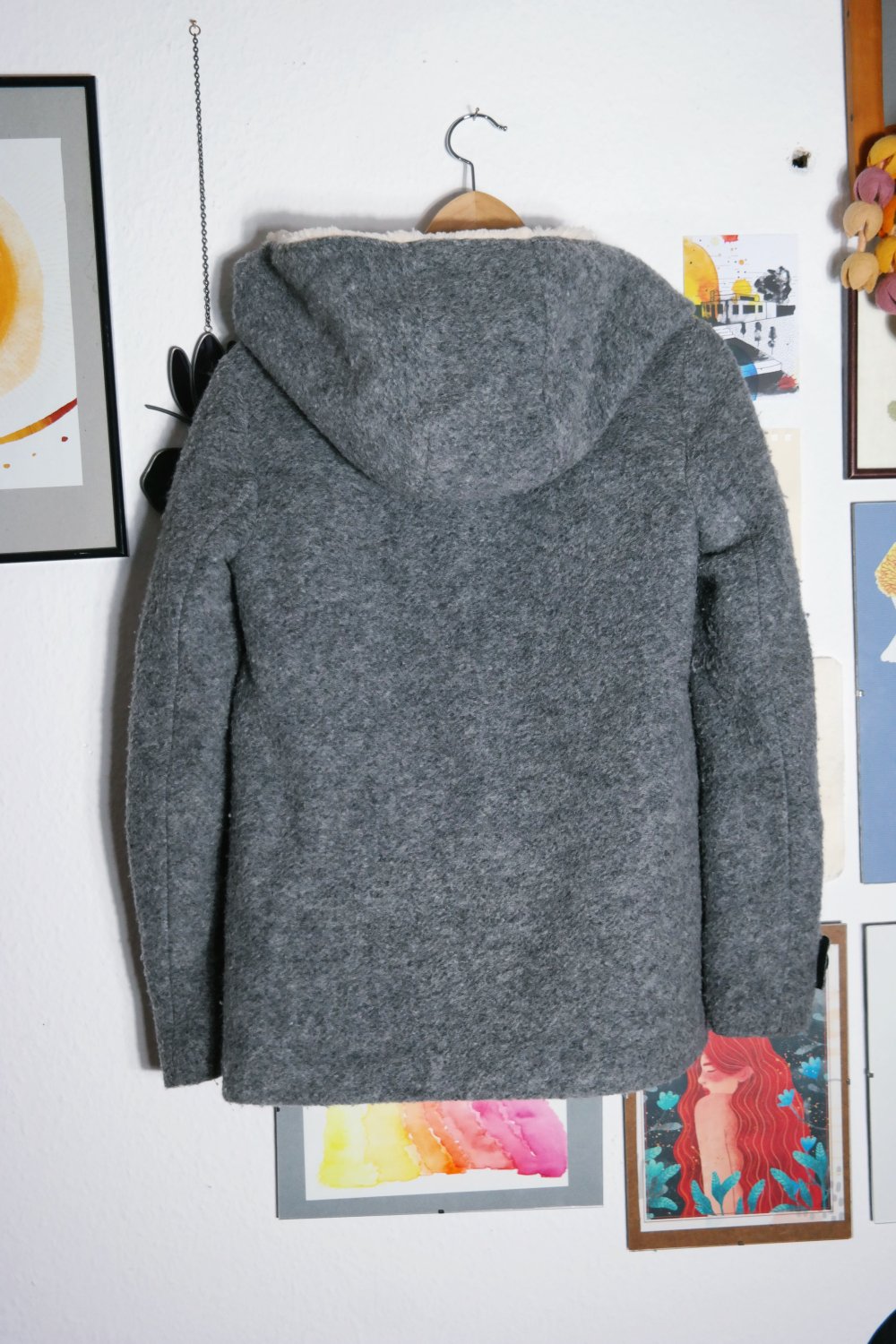 Zara Jacke gefüttert Wolle Wolljacke grau Teddyjacke Teddyfell Kapuze Dufflecoat XS S M 34 36 38