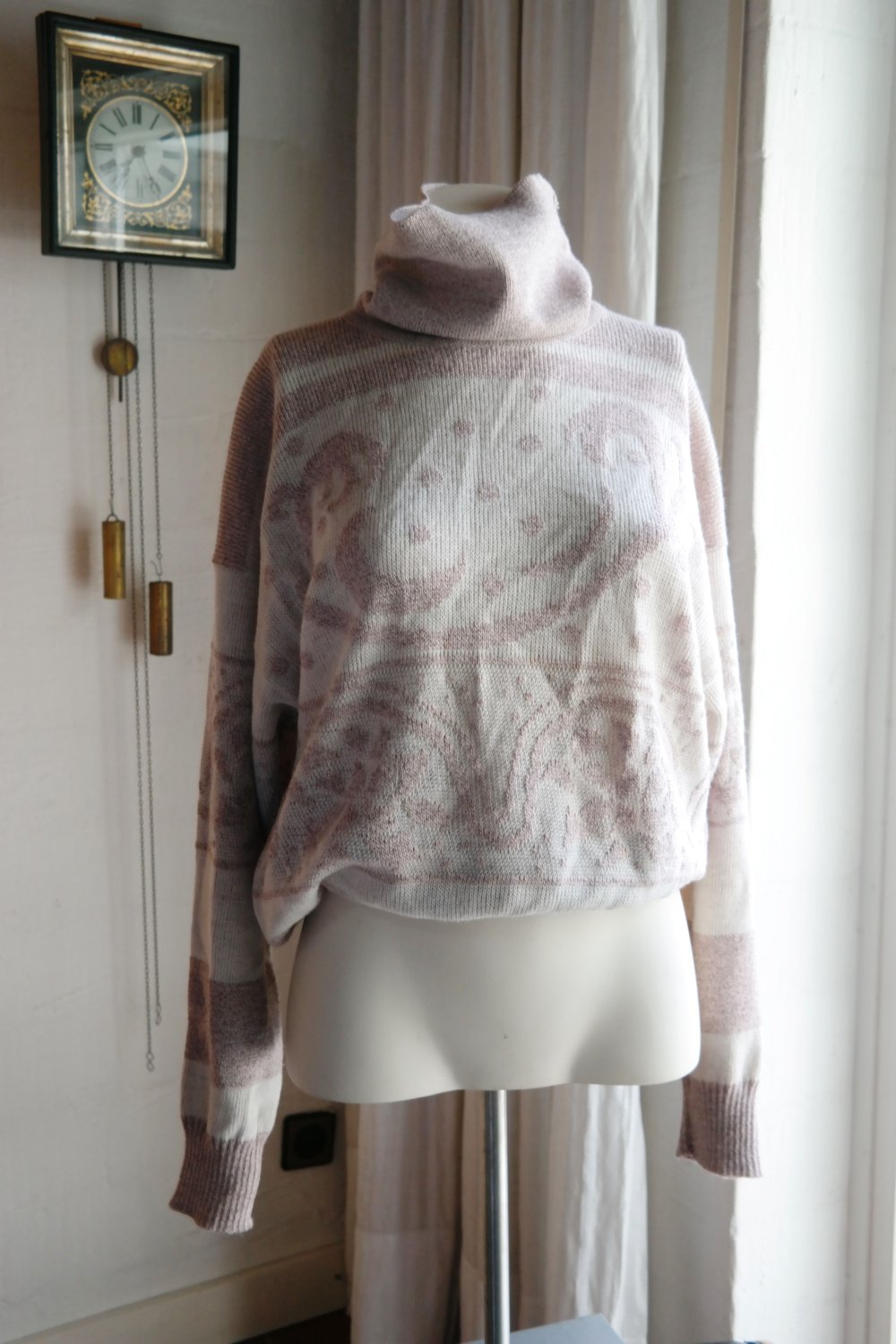 Vintage Pullover Wolle Mustzer gemustert Ethno rose bunt 40 L Rollkragenpullover