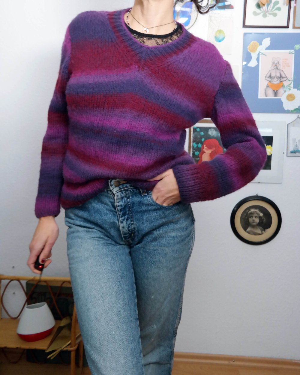 Wollpullover Mohair Wolle handgestrickt bunt lila burgund Regenbogen Streifen gestreift M 38 