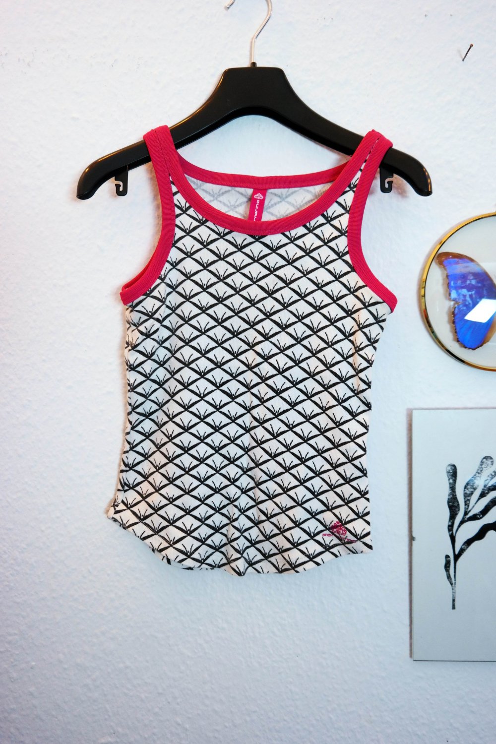 90er 00er Fornarina Top Tanktop schwarz weiß Muster S XS 36 34 stretchig