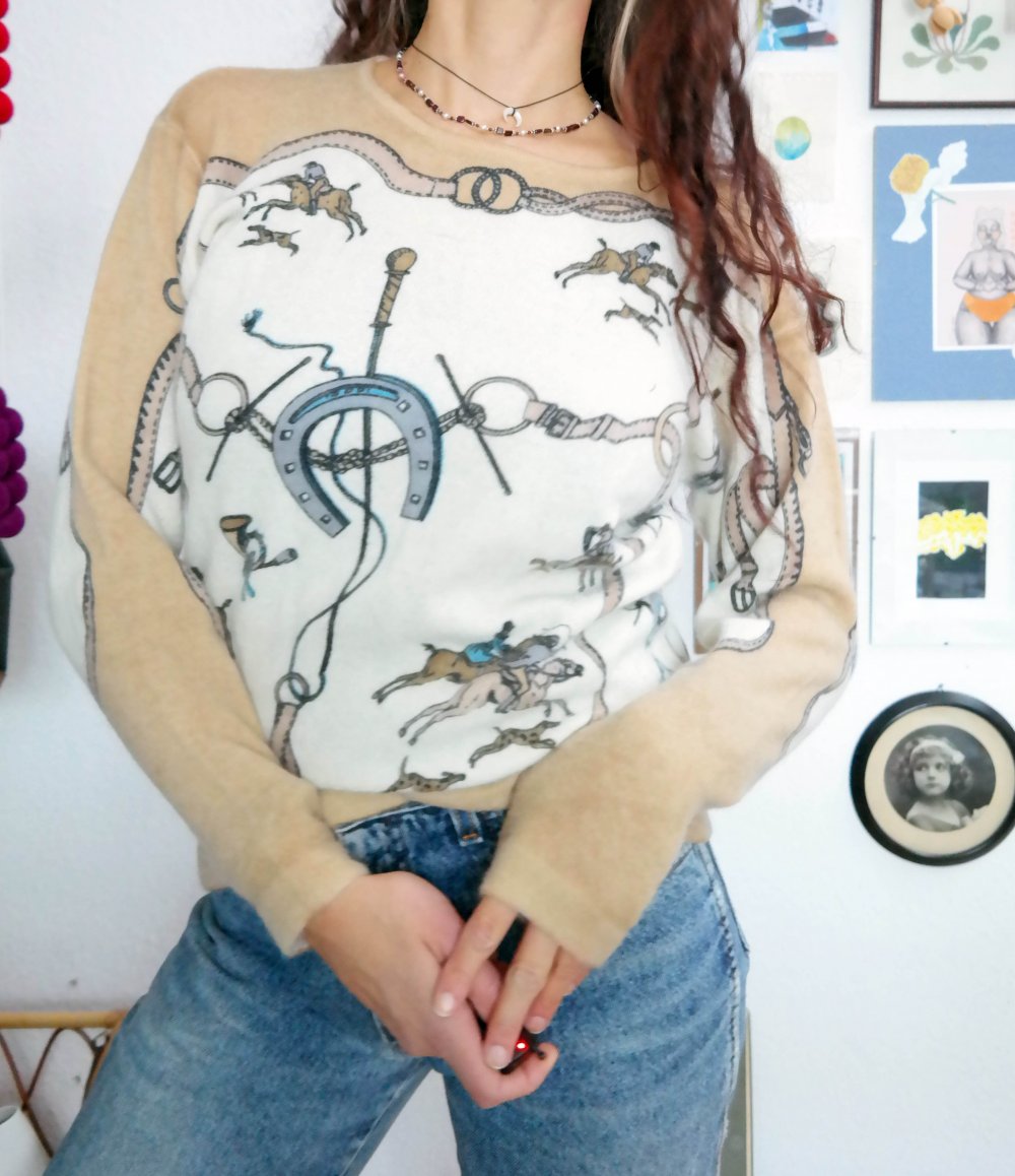 Vintage Pullover Wolle Angora Wollpullover Pferd Pferdesport Reiter Hufeisen Apart Fashion S M 36 38
