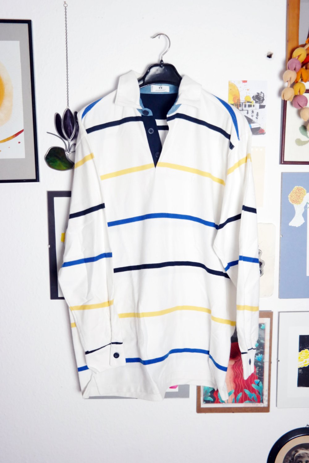 Aigner Poloshirt Langarm Pullover V-Neck weiß Streifen gestreift 52 L XL