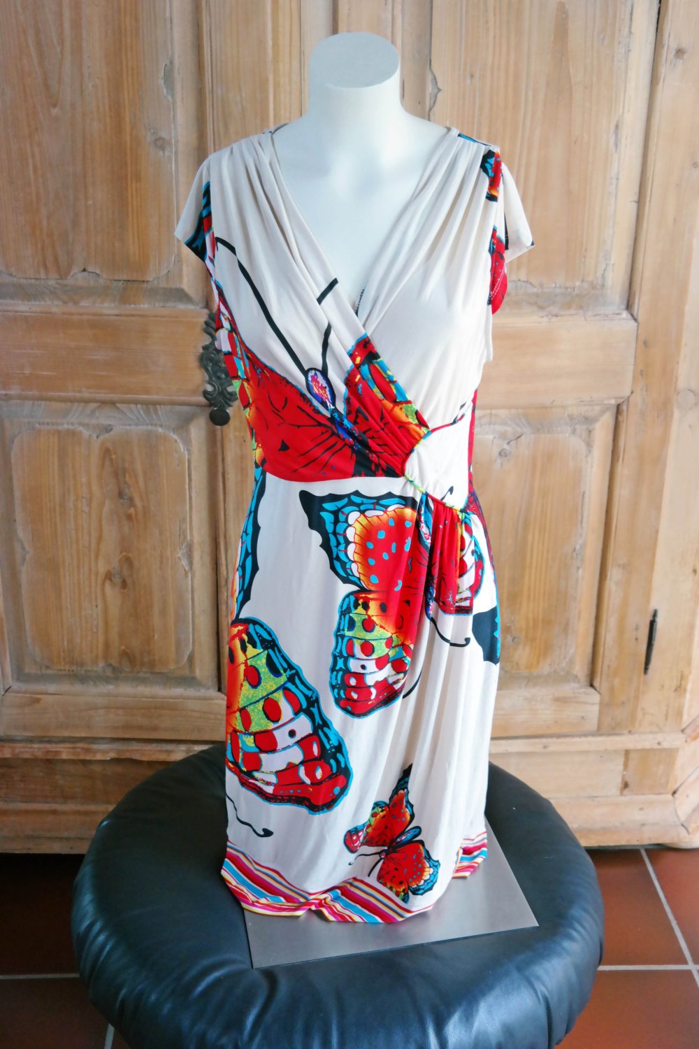 Schmetterling Kleid V-Ausschnitt creme bunt L 40 M 38 Sommerkleid