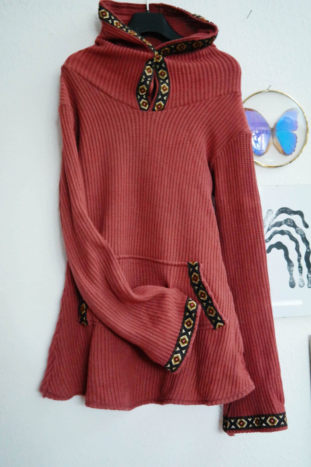 Pocaluna Pullover Hoodie Kapuzenpullover Strickstoff Borte Lang Handmade M 38 rose rost