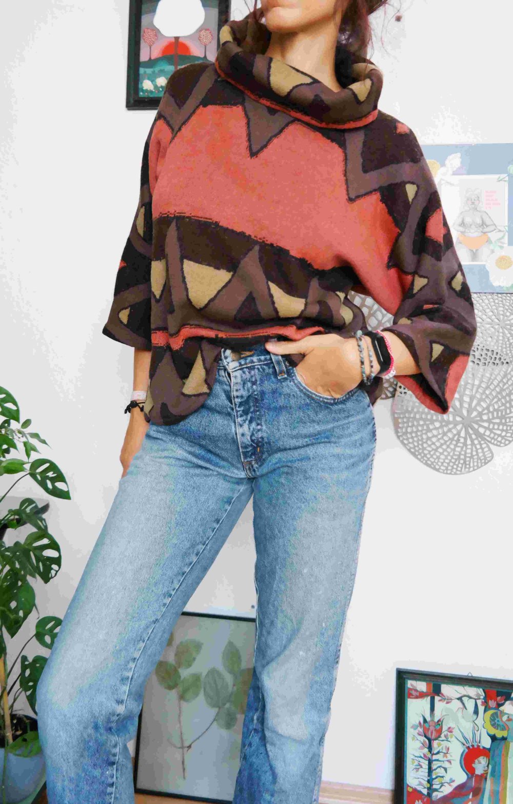 Wollpullover 100% Wolle Schurwolle Ethno Hippie Riesenkragen oversized XL XXL 42 44