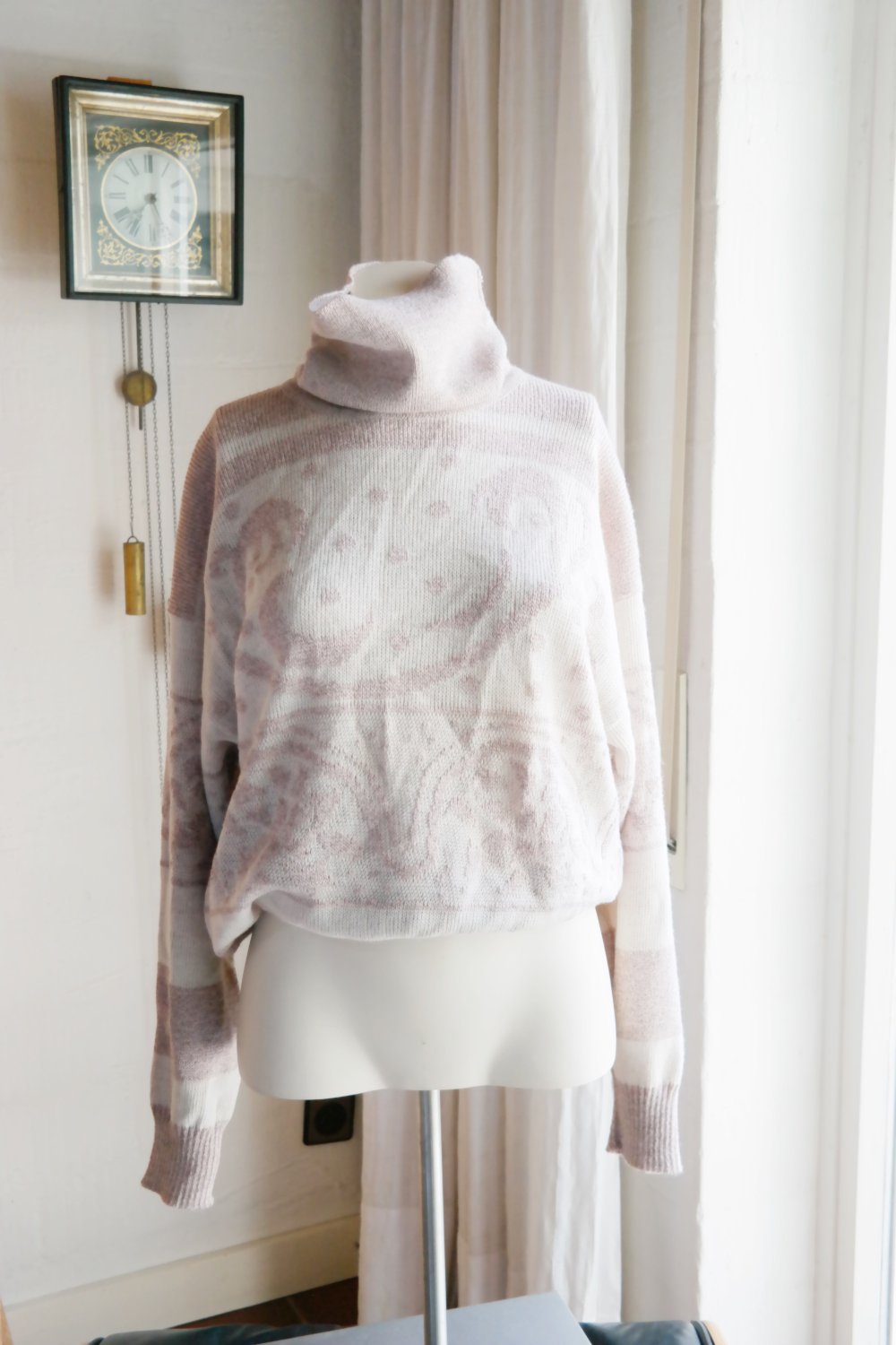 Vintage Pullover Wolle Mustzer gemustert Ethno rose bunt 40 L Rollkragenpullover