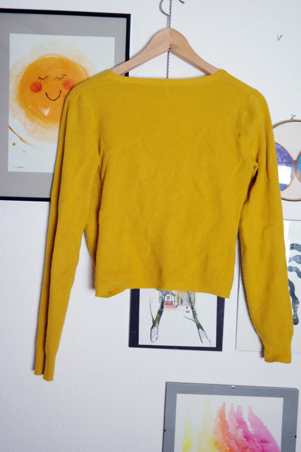 Kurzpullover Wickeloptik Cropped gelb Langarm Pullover Waffelstruktur M 38