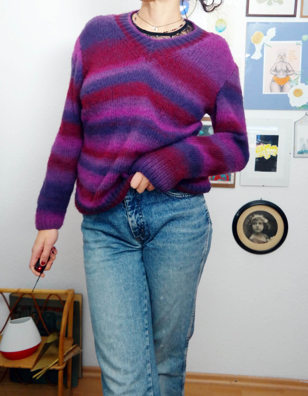 Wollpullover Mohair Wolle handgestrickt bunt lila burgund Regenbogen Streifen gestreift M 38 