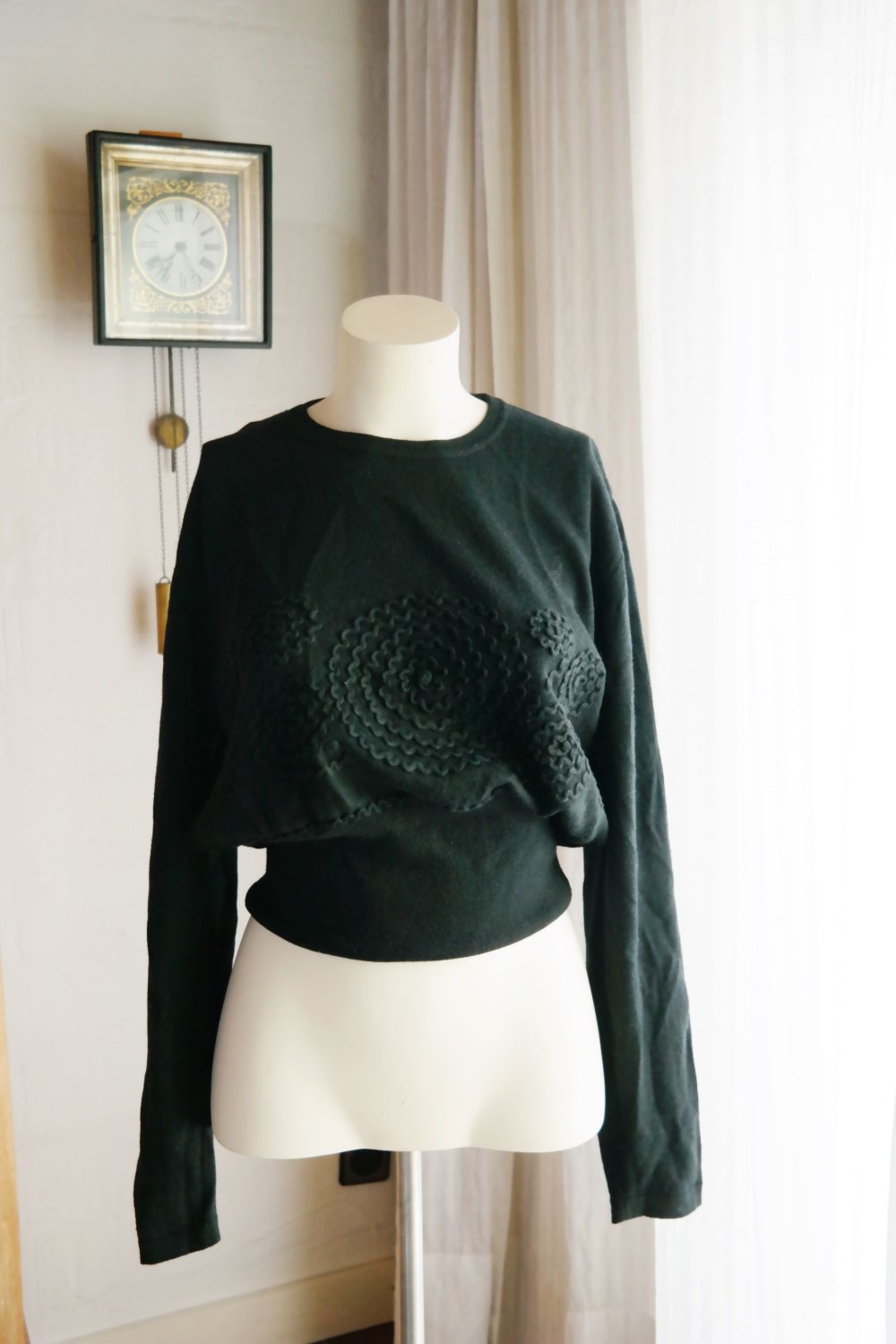 Benetton Wollpullover Wolle schwarz cropped Muster breites Bündchen boxy kastig Strickpullover S 36 M 38