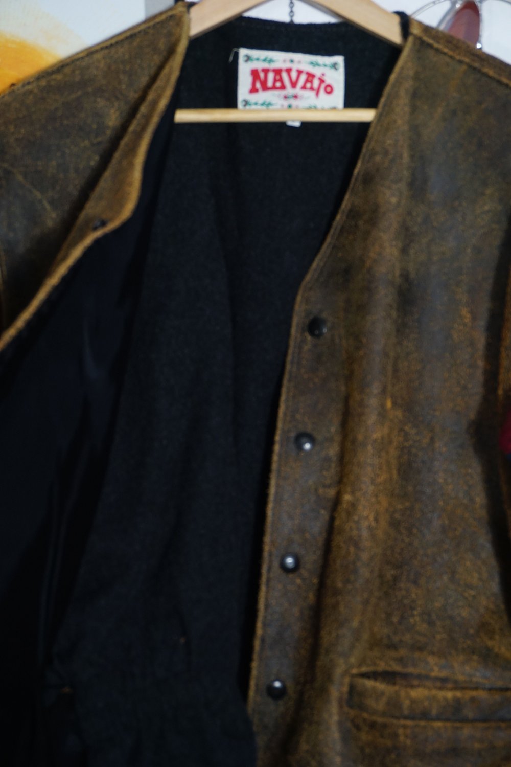 Vintage Ethno Lederjacke Navajo bunt Webstoff Aztec Sherpa L XL Wollstoff Muster