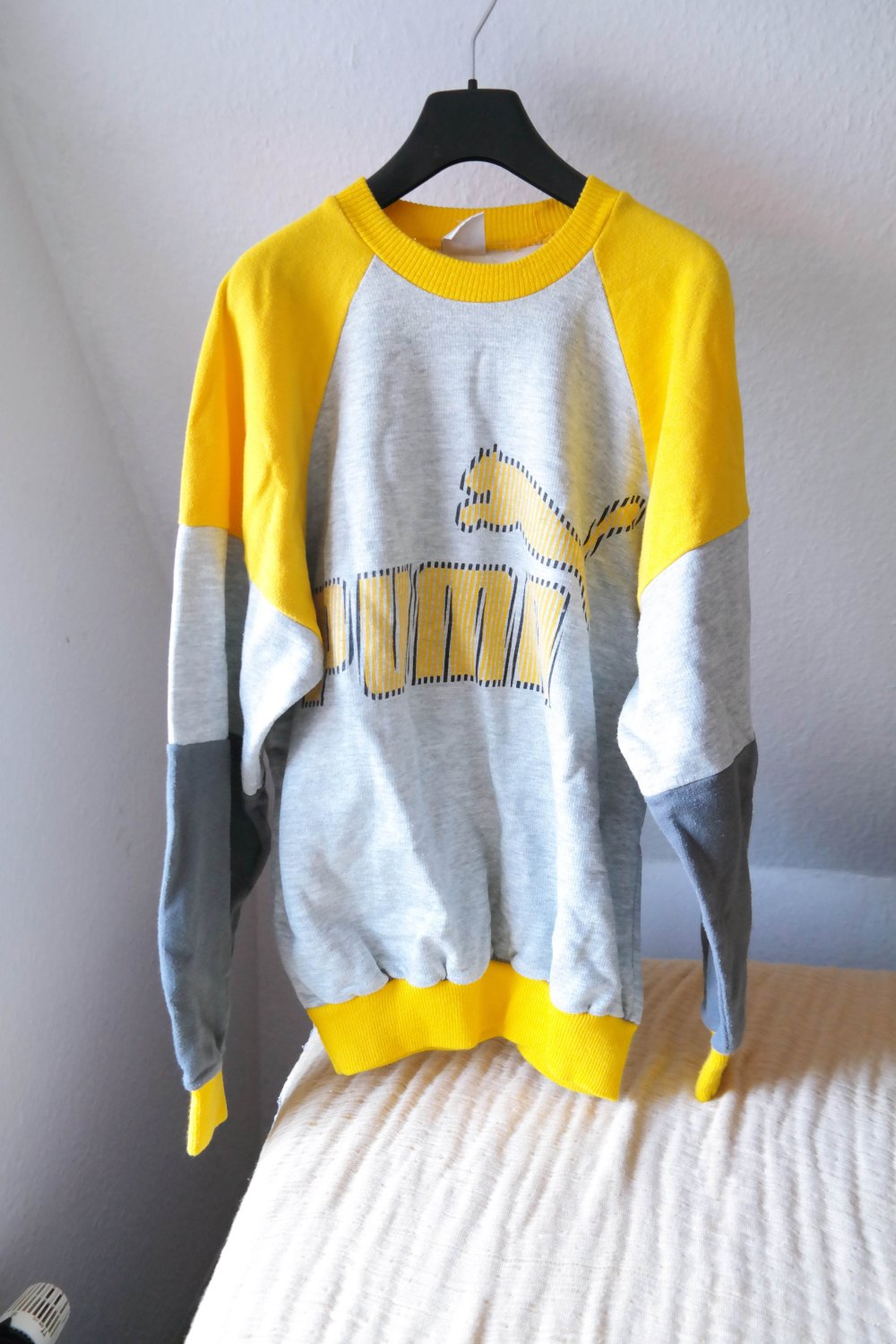 Vintage Puma Sweater Sweatshirt grau bunt 80er 80ies 90er Retro Sport Oldschool M L