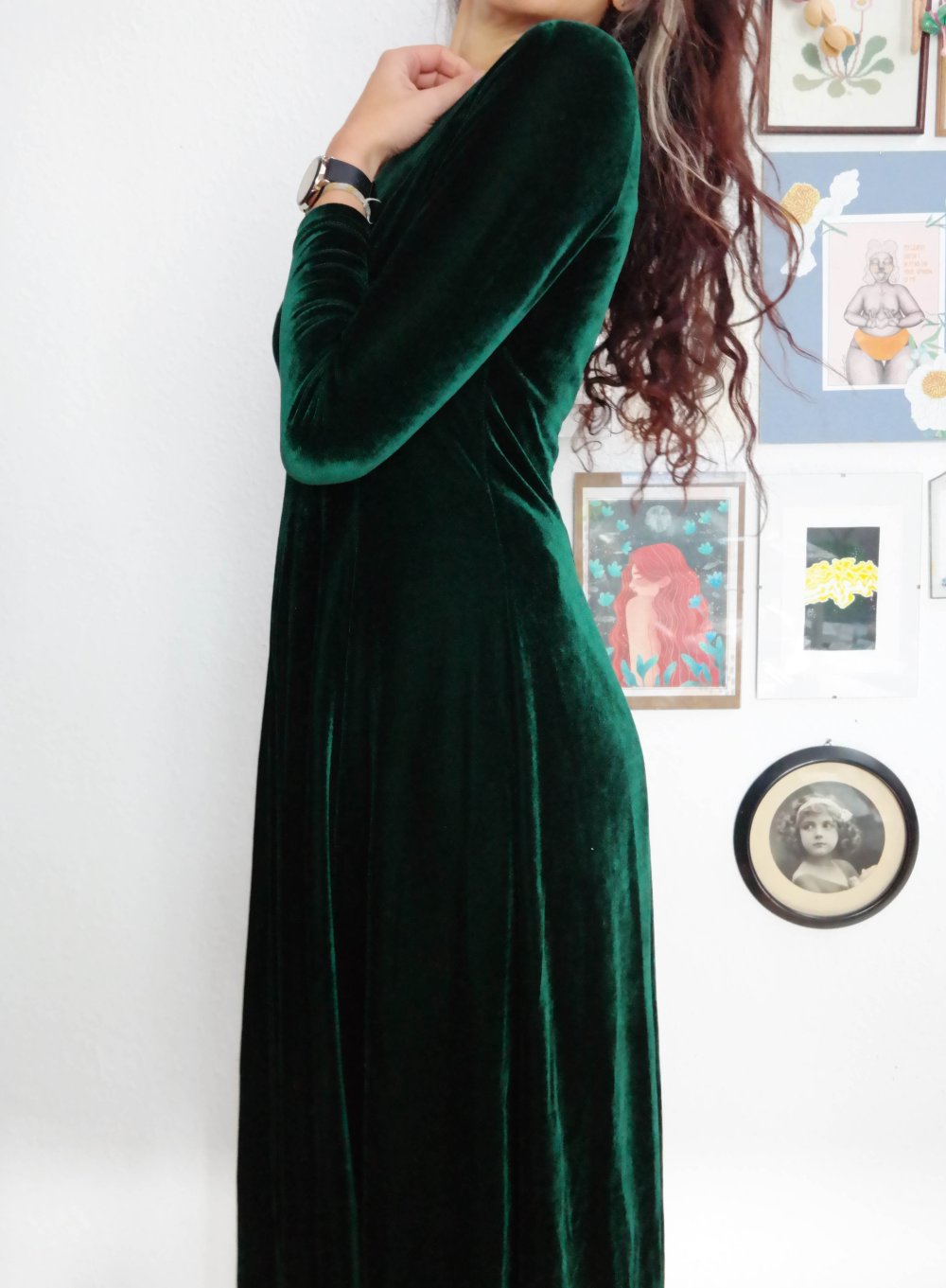 Samtkleid dunkelgrün schimmernd weich Maxikleid Langarm M / 38 grün Hippie Elfe wald 
