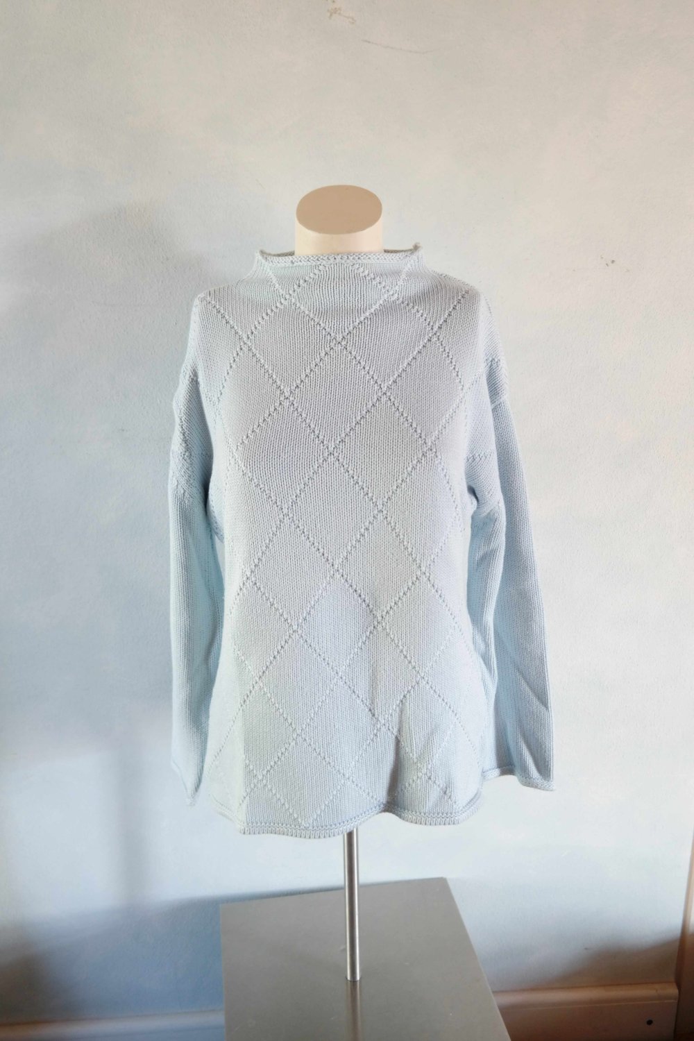 Strickpullover Muster gemustert Turtleneck hellblau blau Rauten L 40