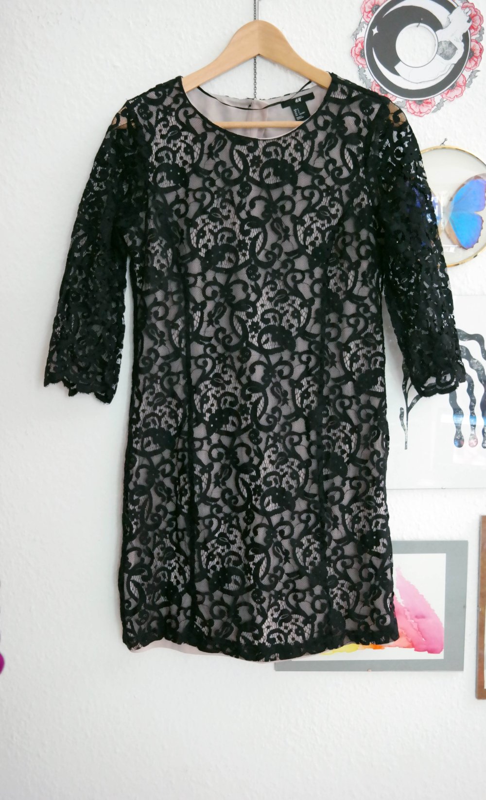 Wie NEU H&M Kleid Spitzenkleid Minikleid Abendkleid Cocktailkleid schwarz grau hellgrau S 36 38
