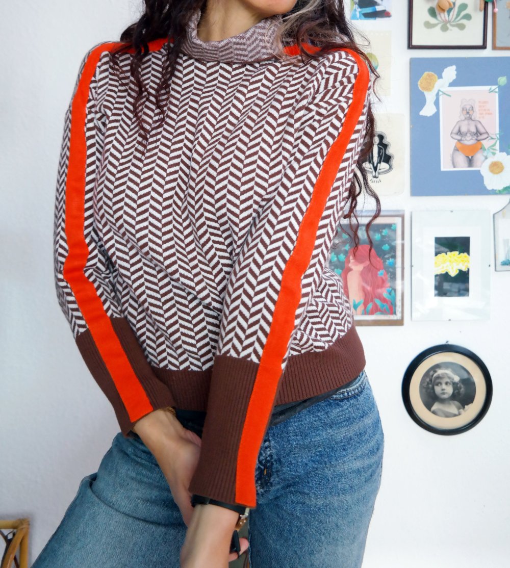 Rollkragenpullover gemustert braun orange Strickpullover Streifen Ärmel M L 38 40 ZickZack